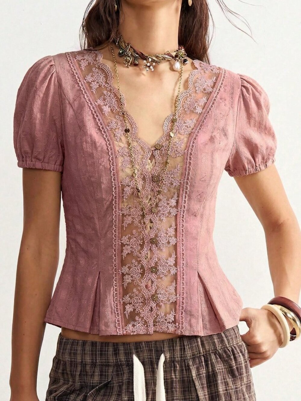 Pink Casual Women's Woven Patchwork Lace Trim Short Sleeve Blouse - Picture 4 of 8